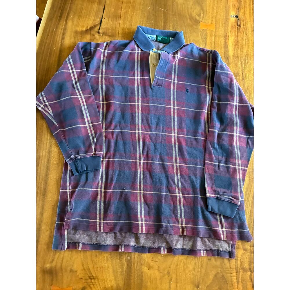 Vintage Hunt Club 90s Mens plaid buttoned 1/4 polo 100% cotton‎ polo